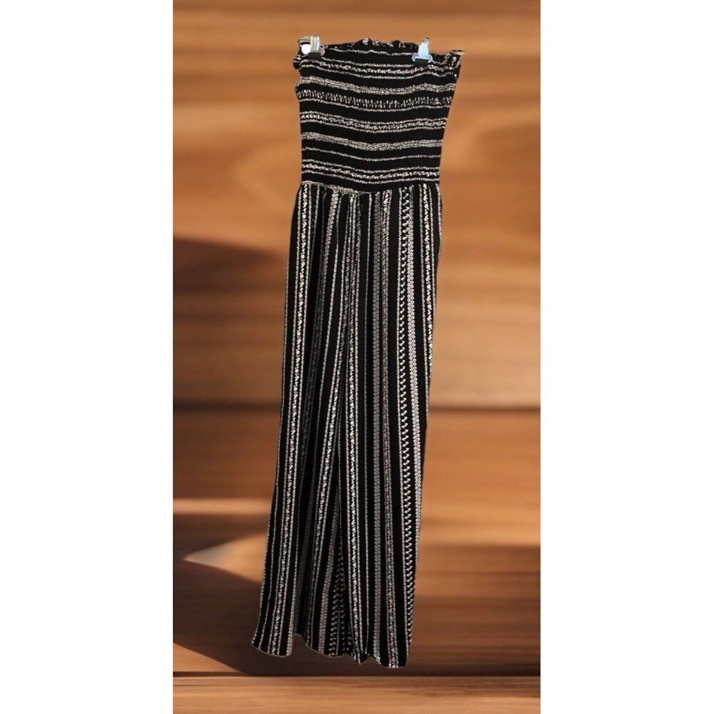 Women Business Casual Halter Top Pants Suite Black&White Striped Wide Leg Outfit